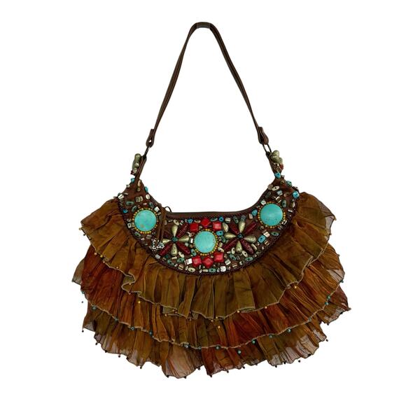 Mary Frances ROCK OUT Shoulder Bag Purse Ruffled Turquoise Beaded Boho Artsy